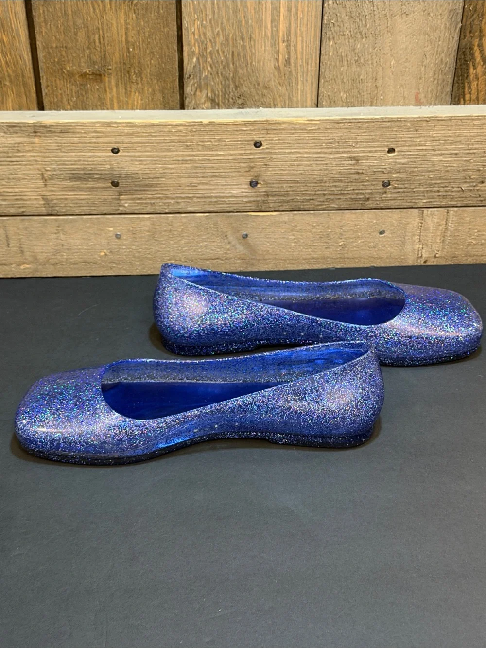 Jeffrey Campbell Blue Glitter Jelly Ballet Flats Square Toe Summer Shoes Size 10